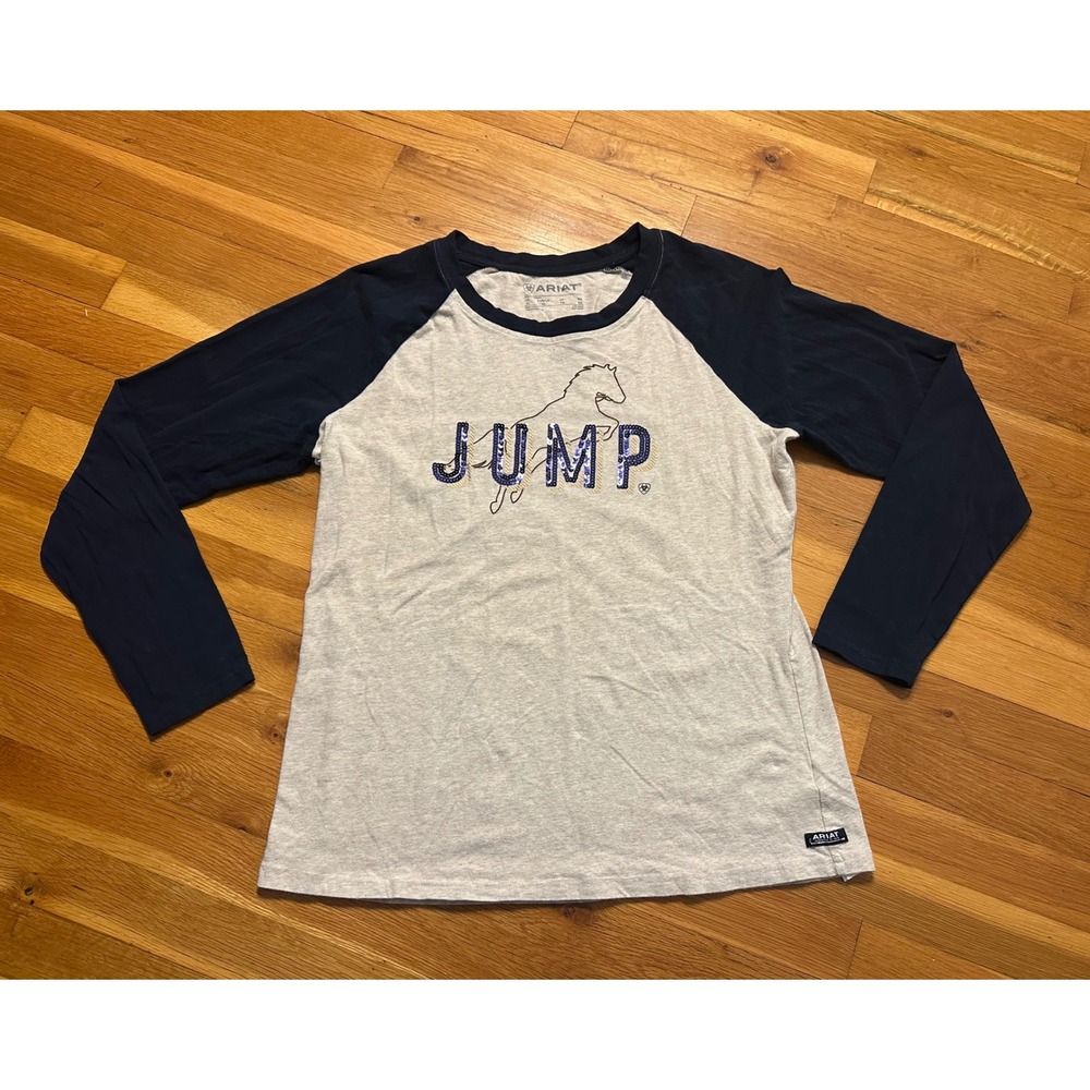 Ariat Womens XL Jump Horse Sequin Raglan Long Sleeve Baseball Tee Gray Navy